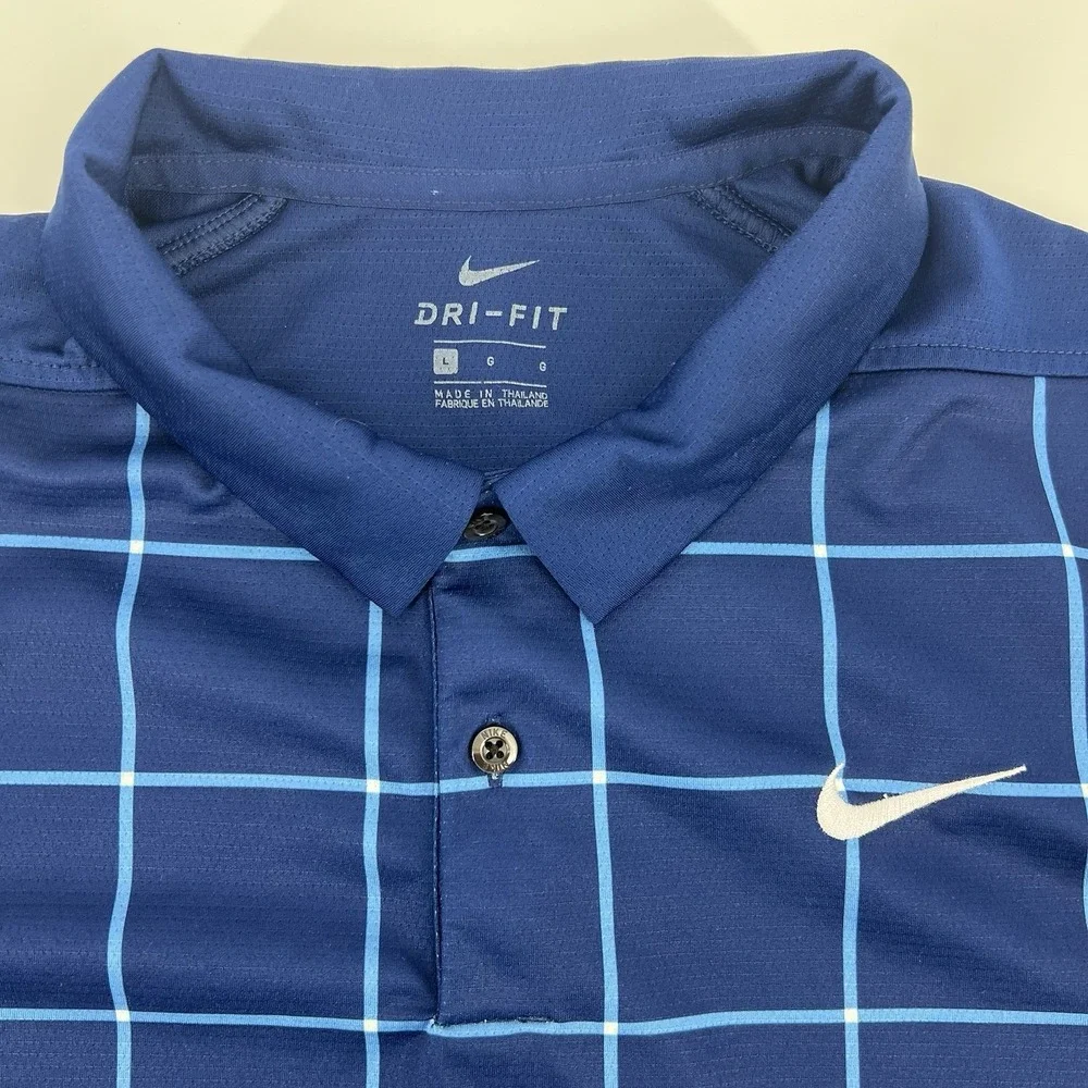 NIKE Dri-Fit Polo Shirt Men's Size L Large Blue Windowpane Performance